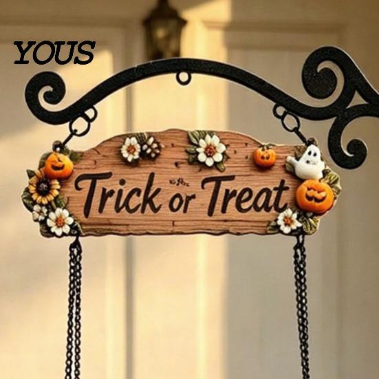Weather Resistant Yard Ornament Halloween Swing Ghost Doorbell, with Pumpkins Decor, Gothic Style Trick Funny On Decor or Treat Sign, for Farmhouse