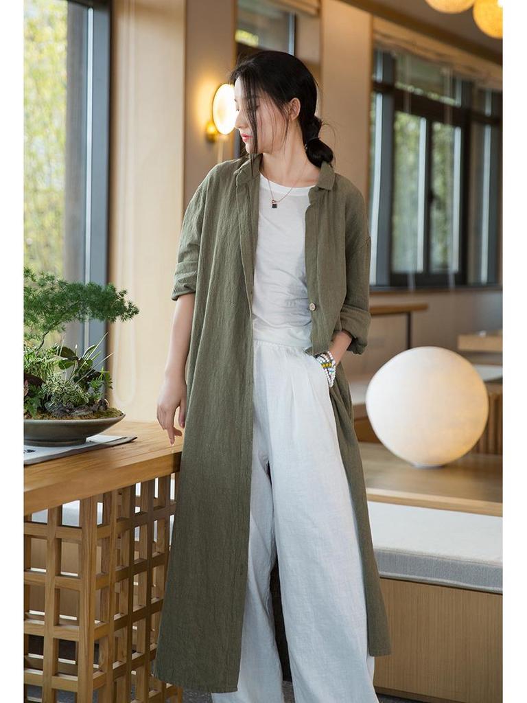 Women's Distressed Ramie Trench Coat: Casual, Slimming, and Elegant Long Cardigan