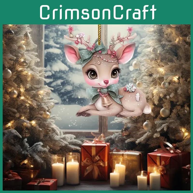 Car Acrylic Christmas Pendant With Butterfly Knot Bell Print Deer For Decor