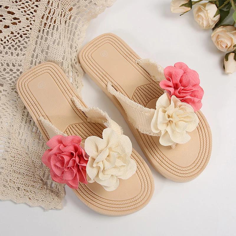 Fashion Mix Color Double Flower Decor Flip Flops for Women 2025 Summer Comfort Flat Beach Slippers Woman Lightweight Clip Toe Slides