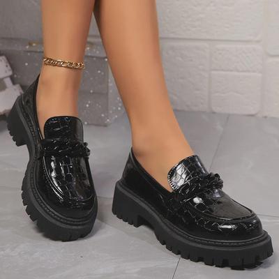 Mocasines negros con estampado de cocodrilo retro para mujer, talla grande, suela gruesa de charol