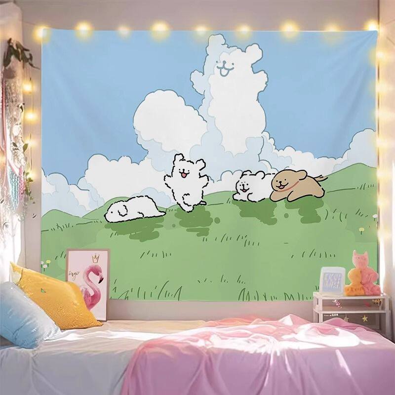 Spring Line Puppy Background Cloth Cartoon Anime Wall Hanging Tapestry for Bedroom  Dorm Decor