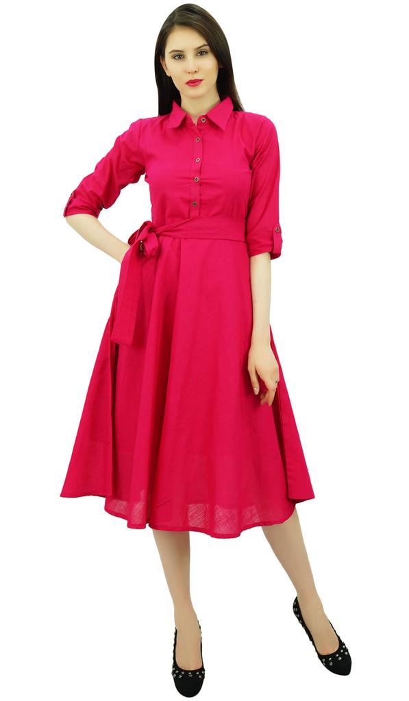 Bimba Women's 3 4 Sleeve Linen Collar Neck Solid Flared Shirt Dress with Side