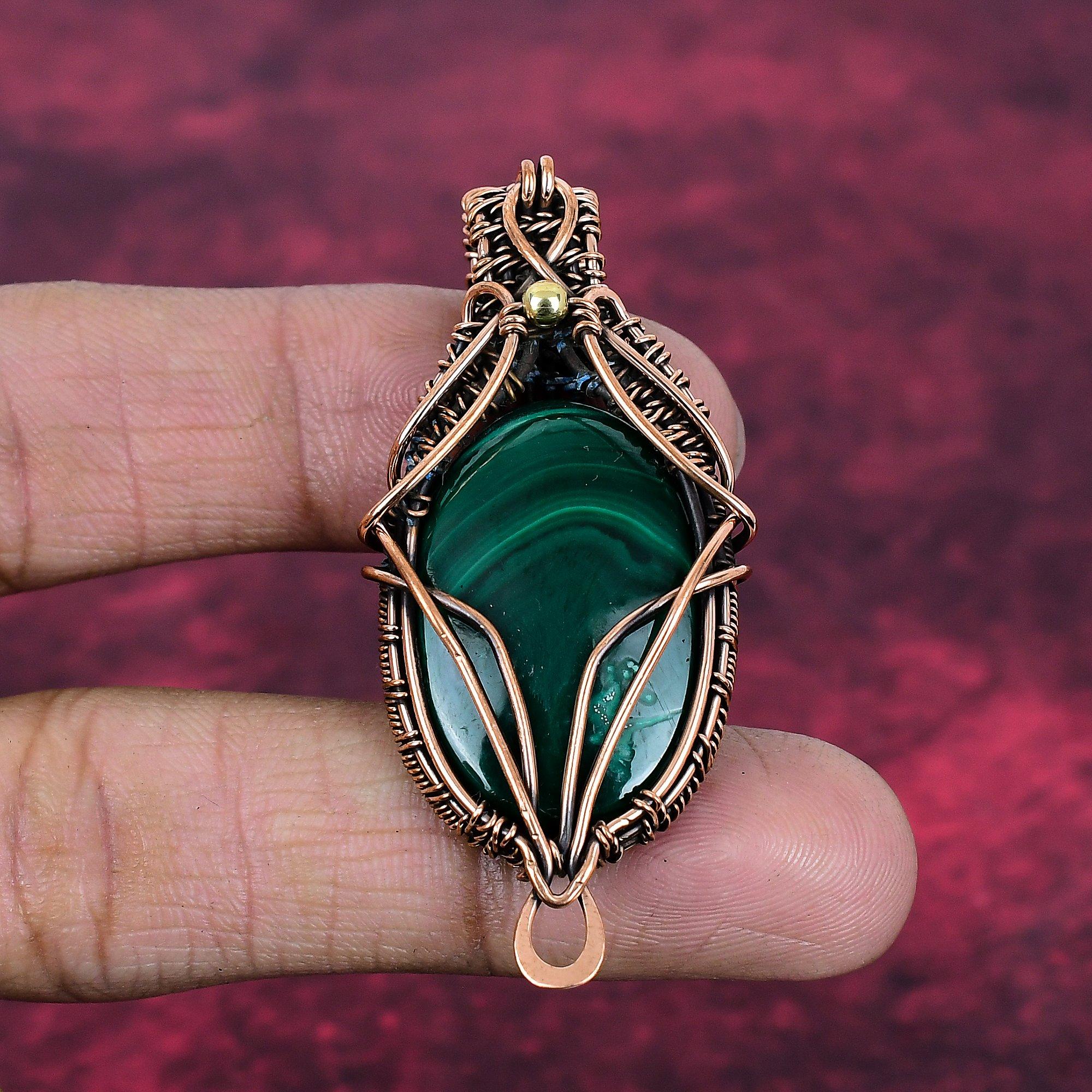 Malachite Gemstone Pendant Copper Wire Wrapped Jewelry Handmade Antique Pendant