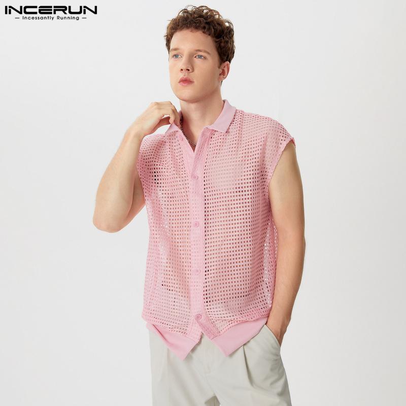 INCERUN Men Summer V Neck Sleeveless Hollow Tank Tops See Through Mesh Vest