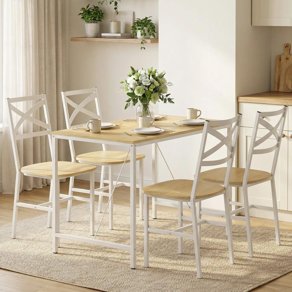 Dining Table Set with 4 Chairs, Natural Wood and White