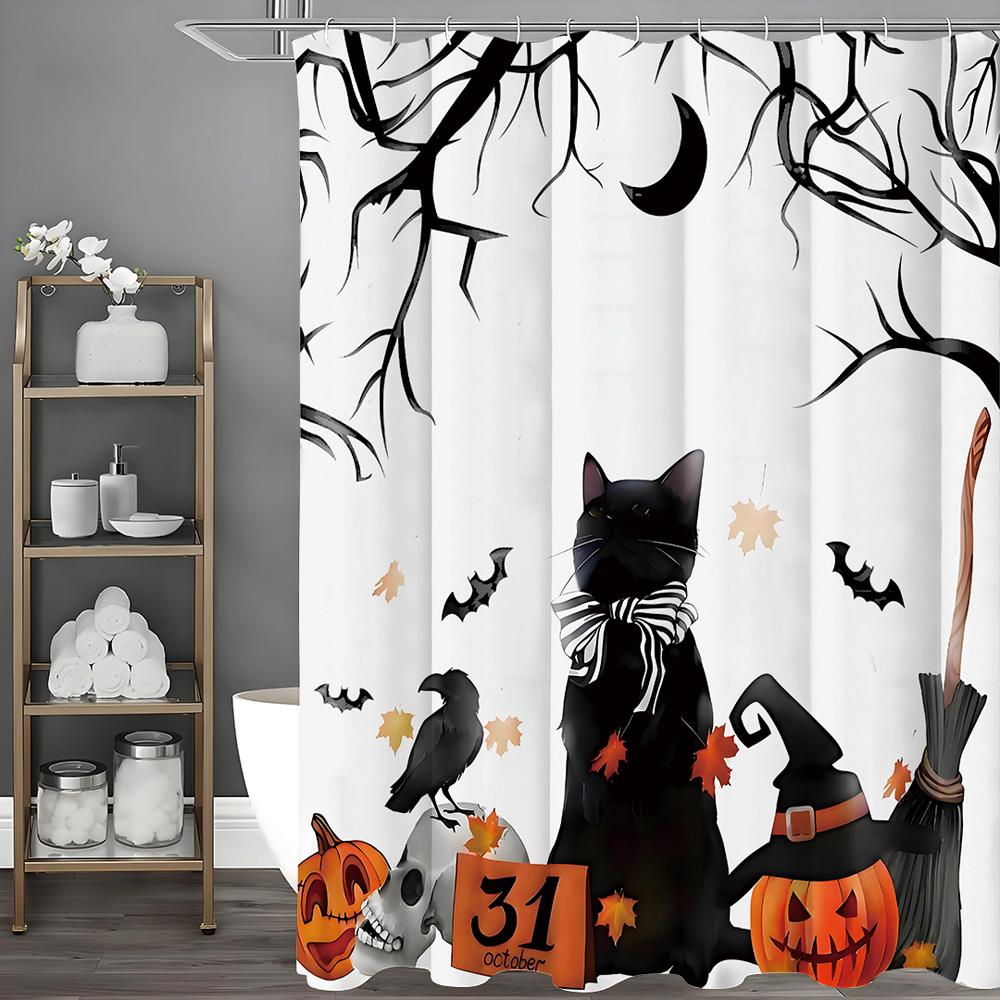 Halloween Pumpa Kattunge Duschdraperi, Dekorativt Duschdraperi för Badrum, Vattentätt Duschdraperi med Krokar