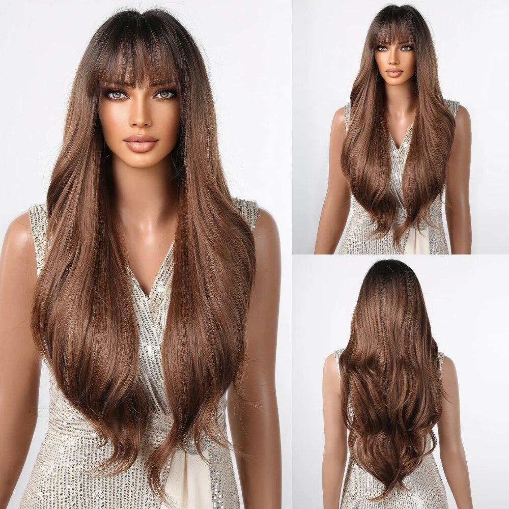 Long Water Wave Synthetic Wigs with Bangs Natural Ginger Brown Loose Curly Wavy Wig for Black White Women Heat Resistant Daily