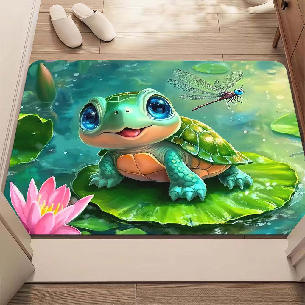Adorable Turtle on Lotus Leaf with Dragonfly Flannel Rug Non-Slip Absorbent Cute Nature Theme Doormat for Front Door Kitchen