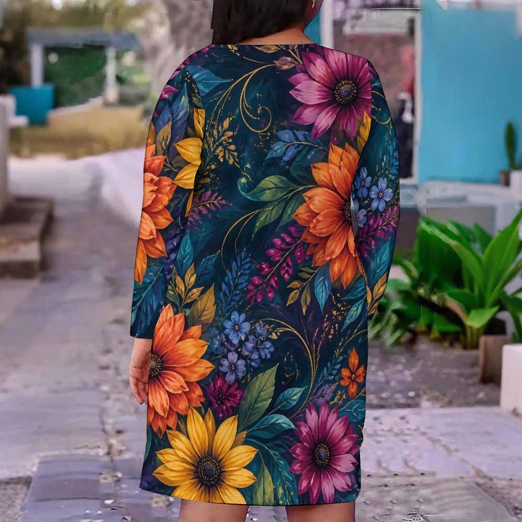 Women Plus Size V Neck Long Sleeve Black Printed Fitted Straight Dress
