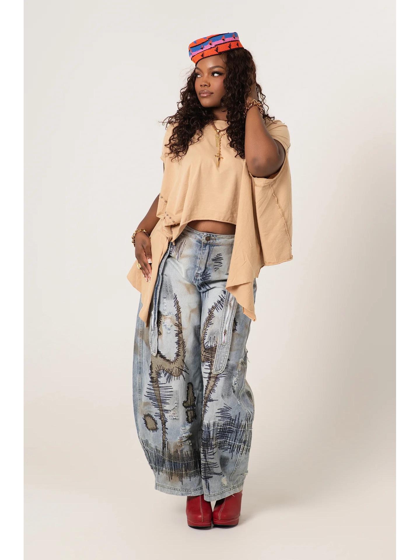 

LT0035 Random Stitch Embroidery Wide-Leg Washed Denim Pants (2026 New Style) Medium синий