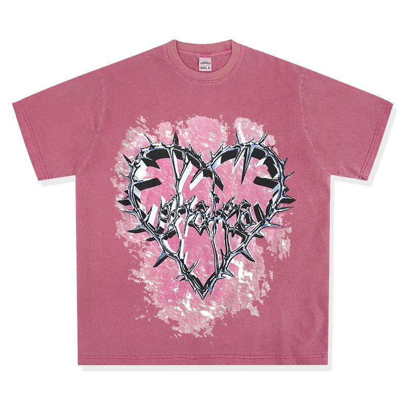 Washed Retro High Street Thorns Small Heavy Vintage Printed Short-Sleeved T-Shirt Retro Neckline Love Bottoming Shirt Cotton