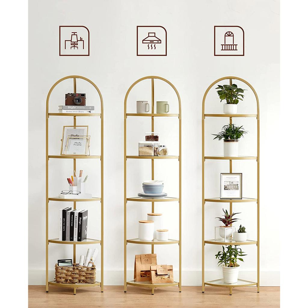 VASAGLE Corner Shelf Stand, 5 Tier Corner Bookshelf, Tempered Glass Shelves, Modern Style, Plant Stand with Steel Frame for Living Room, Bedroom