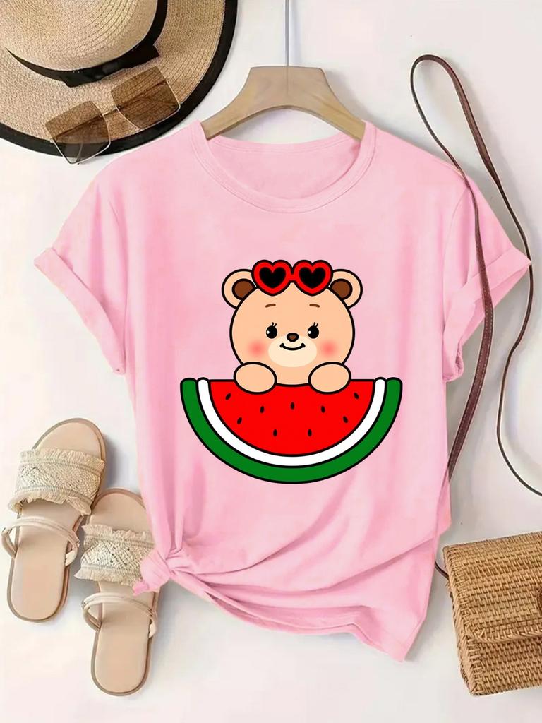 Women Summer Cute Bear with Red Heart Glasses Watermelon Print Casual Daily Crew Neck Comfortable Short Sleeve Tops for Ladies