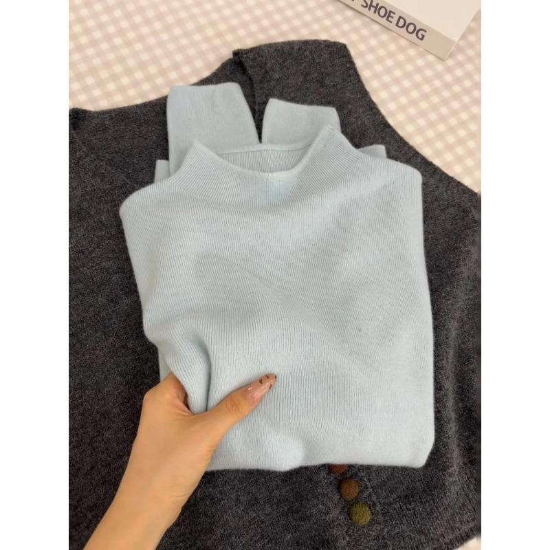 Spring soft waxy milk yellow knitted bottoming shirt women's simple solid color top small stand-up collar inner sweater