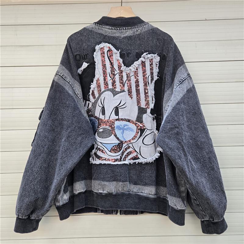 

Trendy Cartoon Print Sequin Denim Jacket: Stylish American High Street Hip-Hop Baseball Jacket One Size