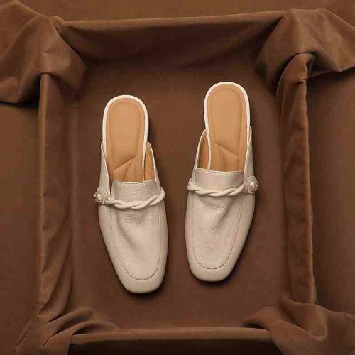 Fashion French Style Slimming Soft Leather Mule Sandals Women Mid Heel Chunky Heel Summer Slip On Shoes