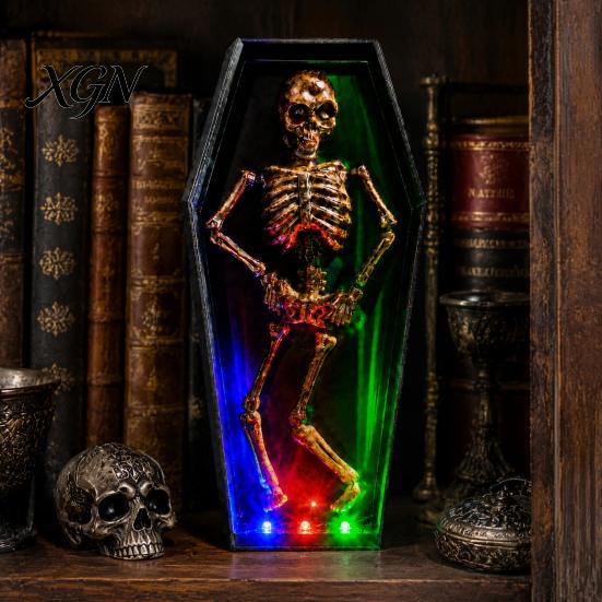Automatic Dancing Skeleton Halloween in Casket, Light Up Musical Toy with Desktop Decoration LED Lights, Spooky Animated Decor, Party Haunted