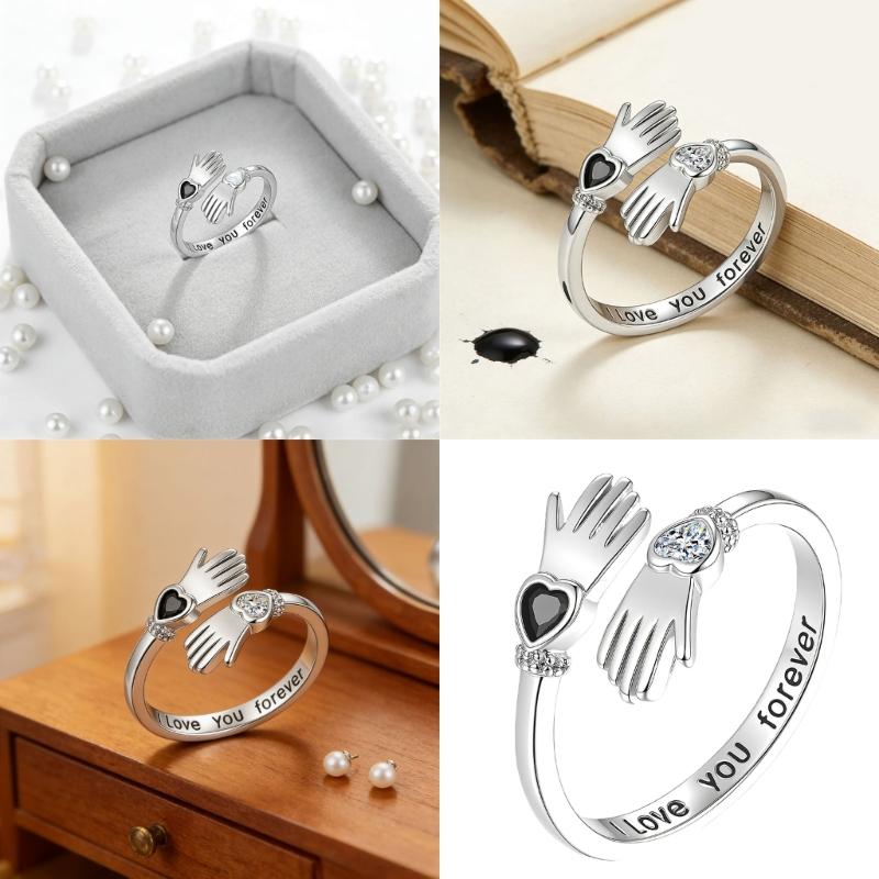 Romance Embrace Hands Couple Rings Adjustable Size With Zircon For Wedding Engagement