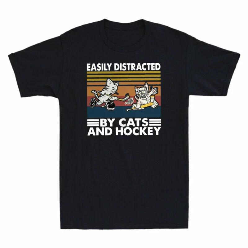 Easily Distracted By Cats And Hockey Cat Playing Ice Hockey Funny Men s T-Shirt XXXL