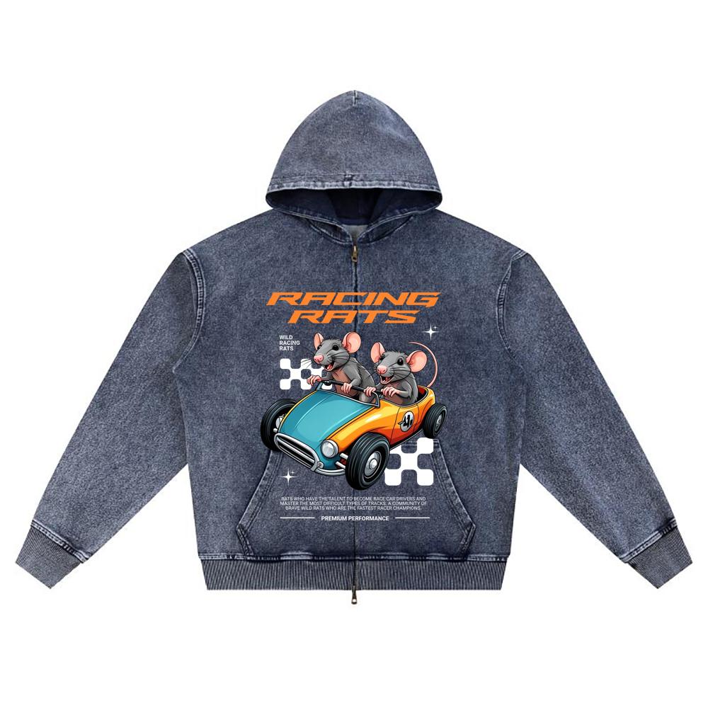 DTG print Knitted Denim Zip-Up Hoodie Racing Rats Funny Racing Car Streetwear Graphic Brother Print Zipper Hoodies