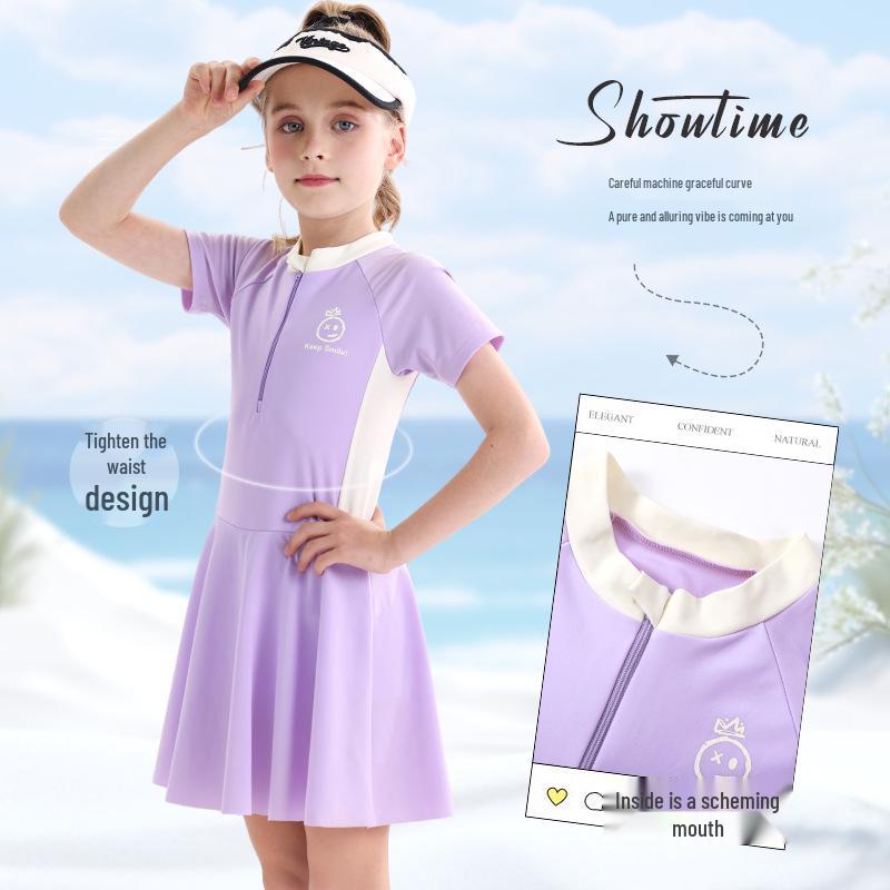 

2025 Девочки Слитный Купальник с Быстрой Сушкой и Солнцезащитой - С Коротким Рукавом для Детей Постарше 4XL фиолетовый