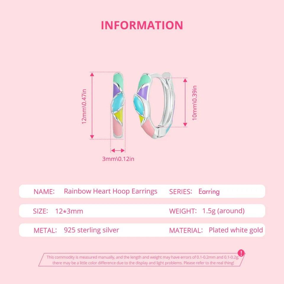 BAMOER 925 Sterling Silver Rainbow Heart Hoop Earrings Cute Dainty Candy Jewelry for Women Girls