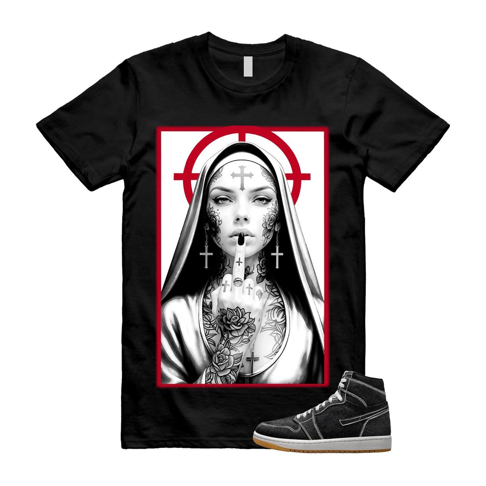 1 Flight Club Black White Red University High OG T Shirt Match NUN S