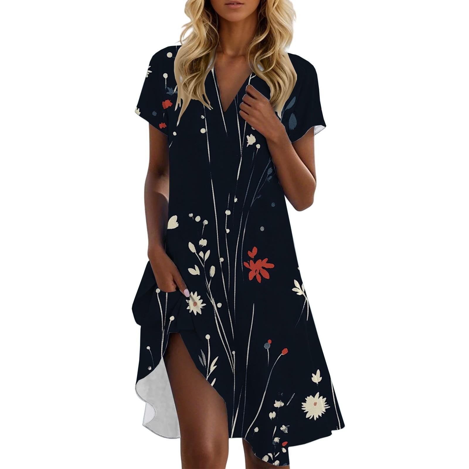 Women s Casual Fashion Stand Collar Floral Print Short Sleeve Dress L
