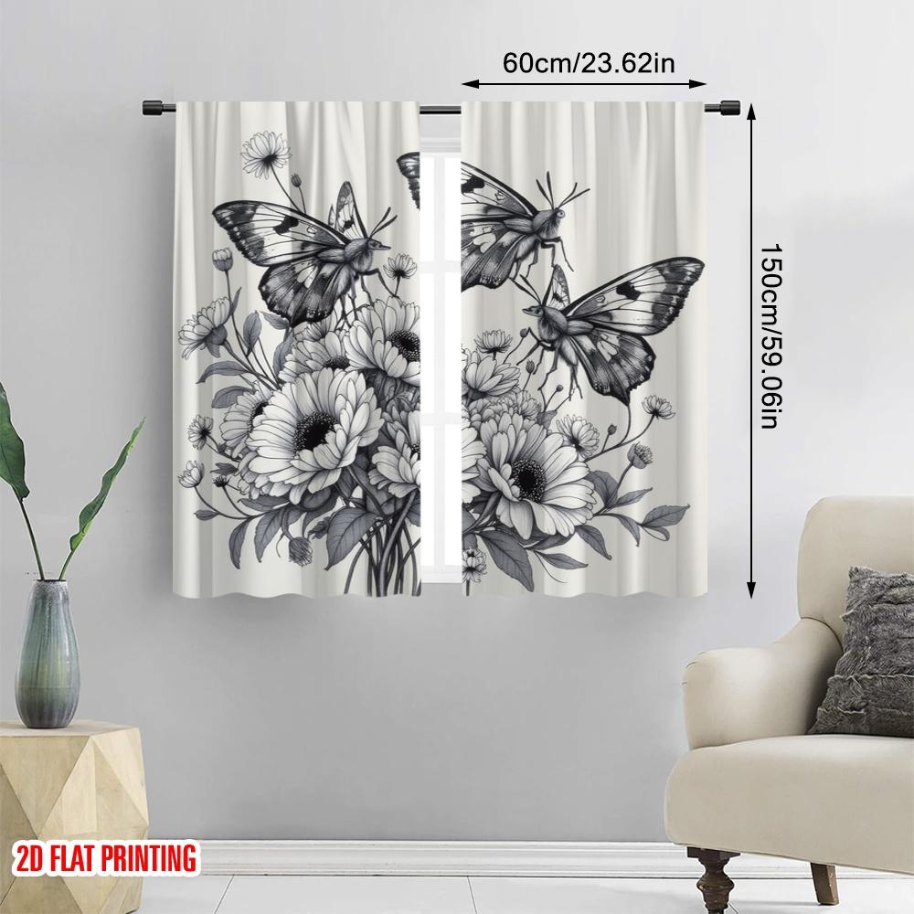 2 Stück, 2D-Flachdruck Beliebte Vorhänge Schmetterlingsblüten Polyesterstoff (ohne Stange) Perfekte Außendekorationen zum Wohnen