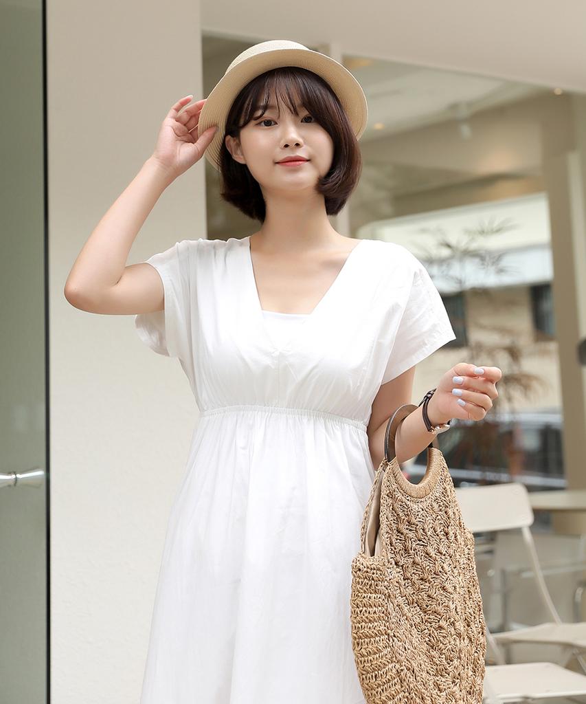 Ppaeppae Banded Frill Back Ribbon V-Neck Long Dress