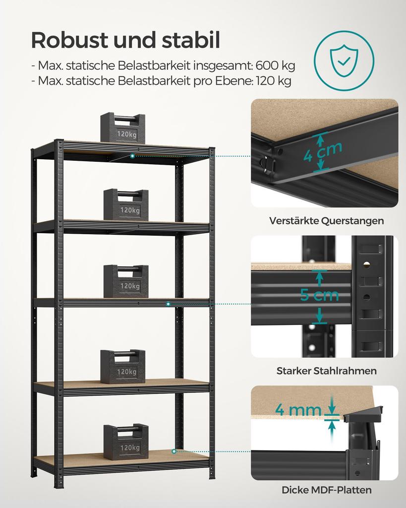 SONGMICS 5-Tier Shelving Unit, Steel Shelving Unit for Storage, Tool-Free Assembly, for Garage, Shed, Load Capacity 600 kg, 50 x 100 x 200 cm, Black