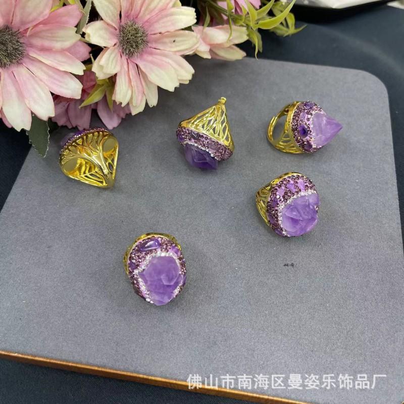 Adjustable Open Ring With Natural Brazilian Amethyst Geometric Stone Copper Base Gold Plated Women
