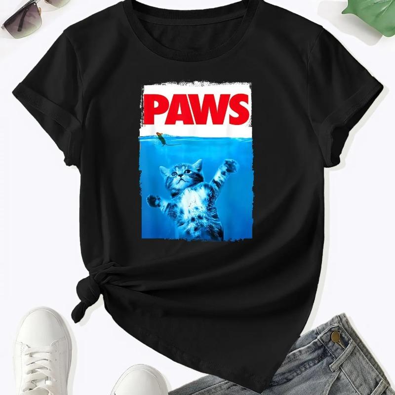 

Футболка с круглым вырезом и принтом кота, повседневный топ с коротким рукавом для весны и лета, женская футболка 3XL