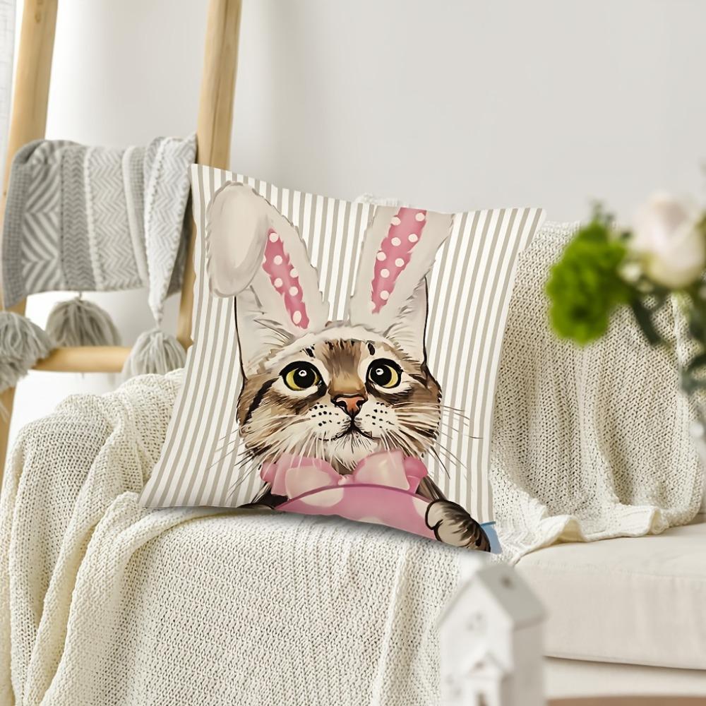 Cute Easter Bunny Cat Pillow Cover Soft Modern Striped Polka Dot Design, Zipper Closure for Bedroom Decoration 18x18 Inches