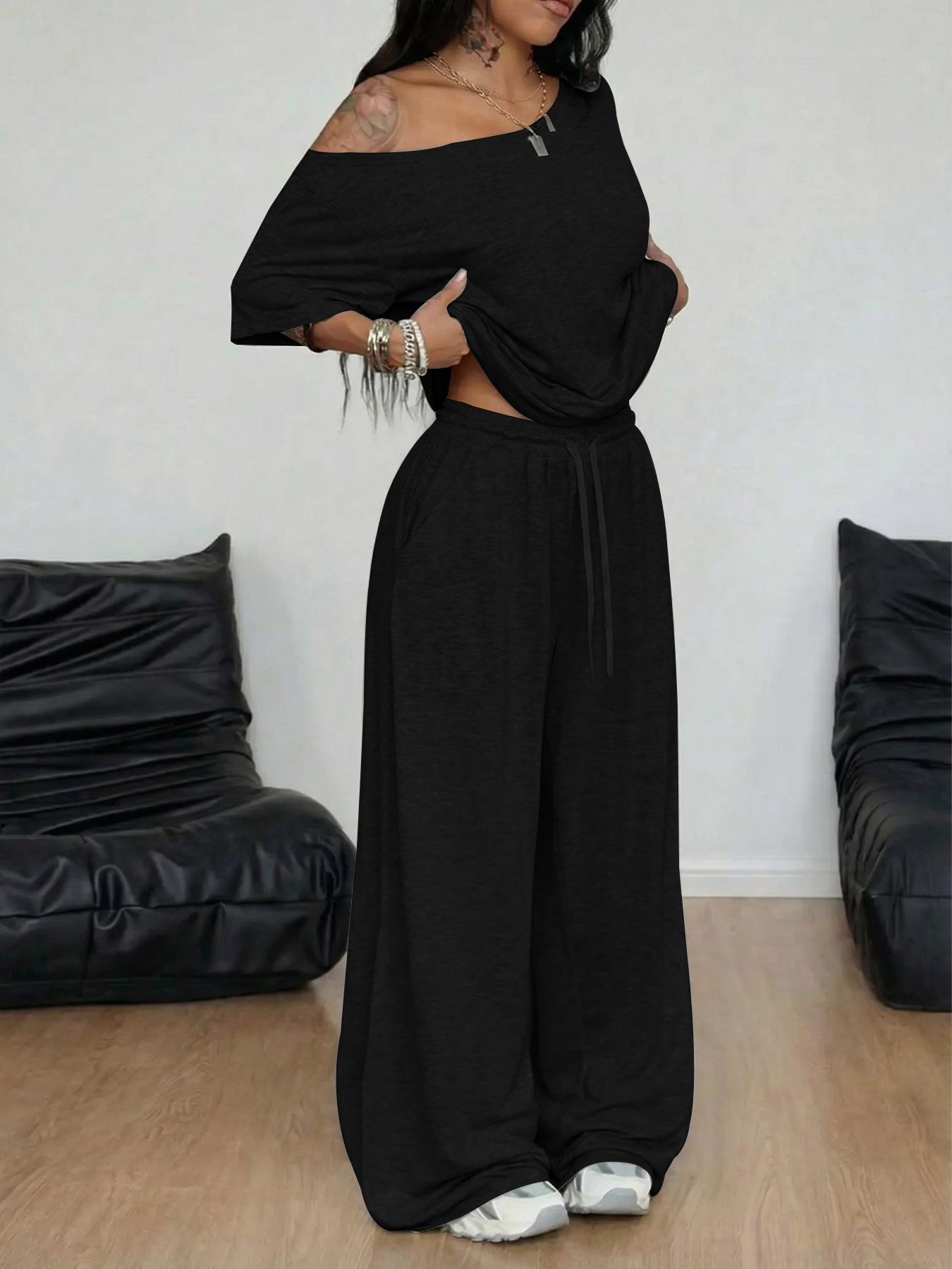 

Diagonal Neck Wide Leg Pants Set Spring Summer Women Casual Solid Color Sport Two Piece Set Loose Long Pants XL
