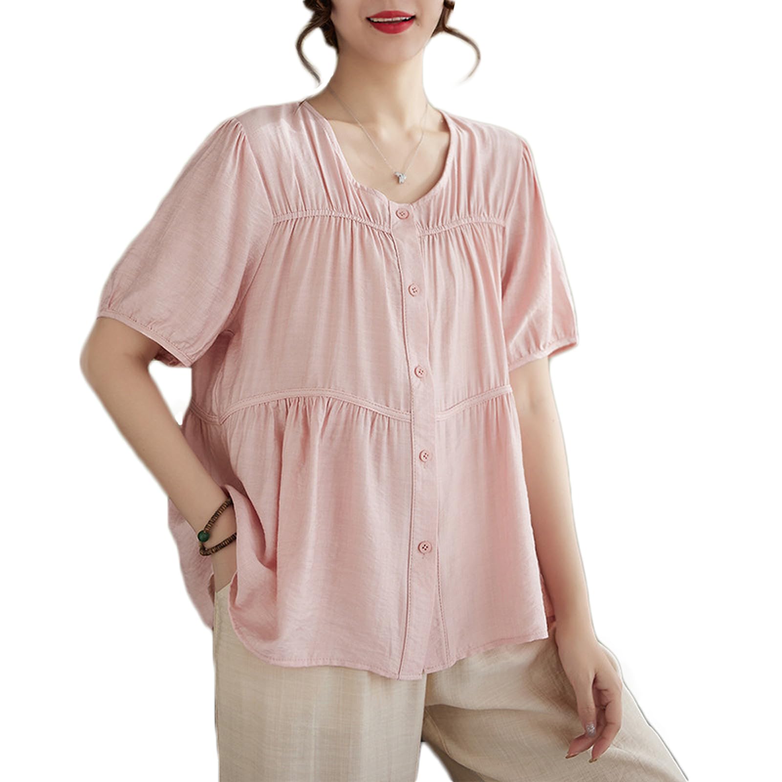 

хлопковая футболка с коротким рукавом свободного кроя и летняя [Blostirno] женская футболка, лен, блузка, посадка, тонкая, прохладная, сшитая, однотонная, милая, (JP0101P-L) розовый