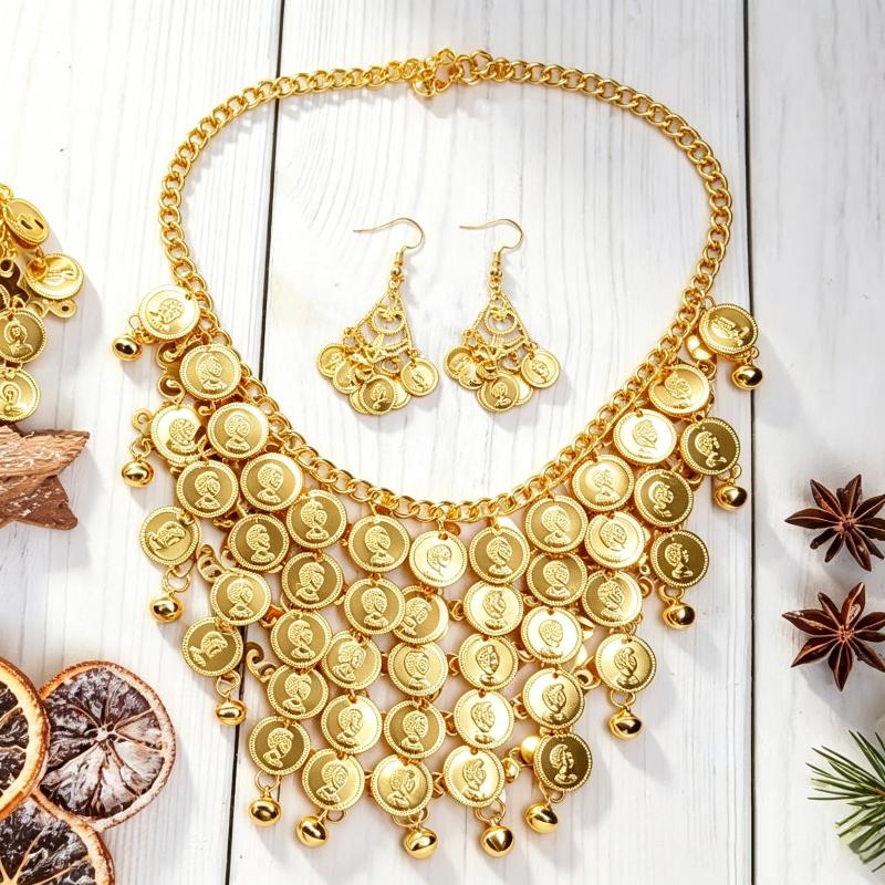 Gold Plated Tribal Necklace Earrings Set With Dangling Coin Charms For Belly Dance Wedding Parties Ethnic Festivals