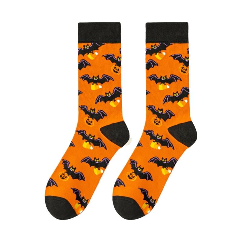 Halloween Themed Cotton Socks Elastic Cuffs Breathable Fabric Practical Wear Festive Ghosty Pumpkin Patterns