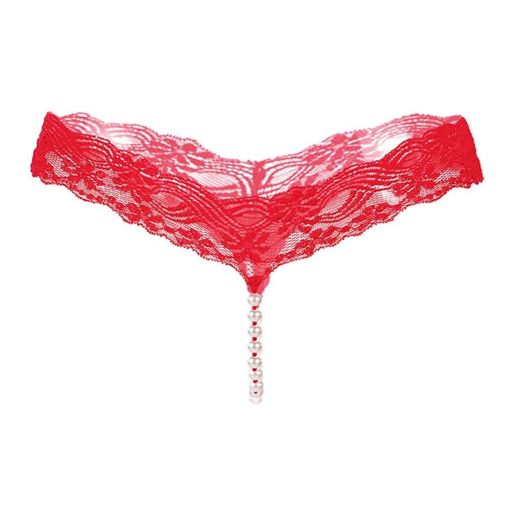 Women G String Faux Pearls Lace See Through Transparent