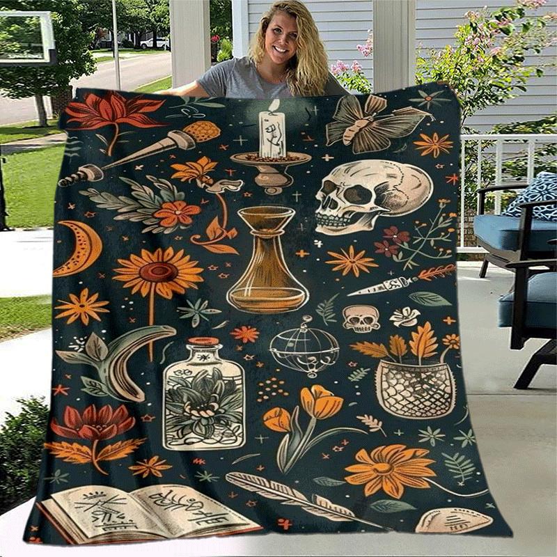 1pc Skull Printing Lightweight Flannel Blanket, Comfortable and Warm Blanket, for Camping Sofa Bed and Couch Office, In All Seasons