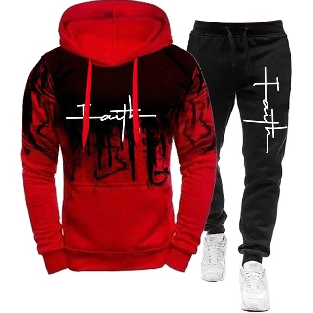 Fashion Faith Print Autumn Men's Casual Tracksuit Men Sweatshirts and Sweatpants Two Pieces Sets Sportswear Plus Size Customized