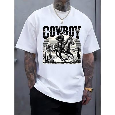 Black and White Galloping Cowboy Print Men's Top, Casual Short Sleeve Crew Neck T-Shirt, Suitable for Summer and Spring, Men's Summer Outdoor Apparel
