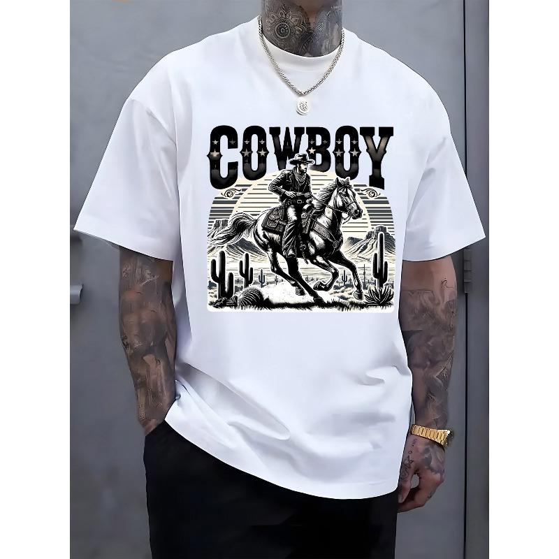 Black and White Galloping Cowboy Print Men's Top, Casual Short Sleeve Crew Neck T-Shirt, Suitable for Summer and Spring, Men's Summer Outdoor Apparel