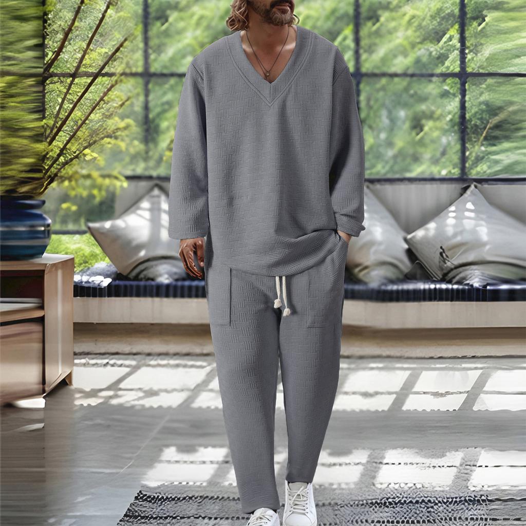 Męski casualowy zestaw sportowy z koszulą z długim rękawem zapinaną na guziki ze stójką i długimi spodniami