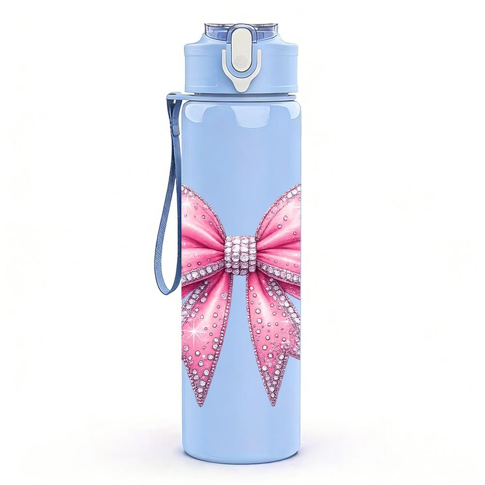 1PC Elegant Pink Fabric Bow Decoration Print 750ml Color Plastic Sports Water Bottle Leakproof Flip Straw Lid Suitable for Sports Office Home Use