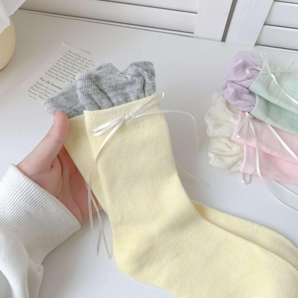 Ballet Style Sweet Flower Bud Socks Fake Two Pieces Of Color-Blocked Bow Stack Socks Cute Girl Versatile Socks