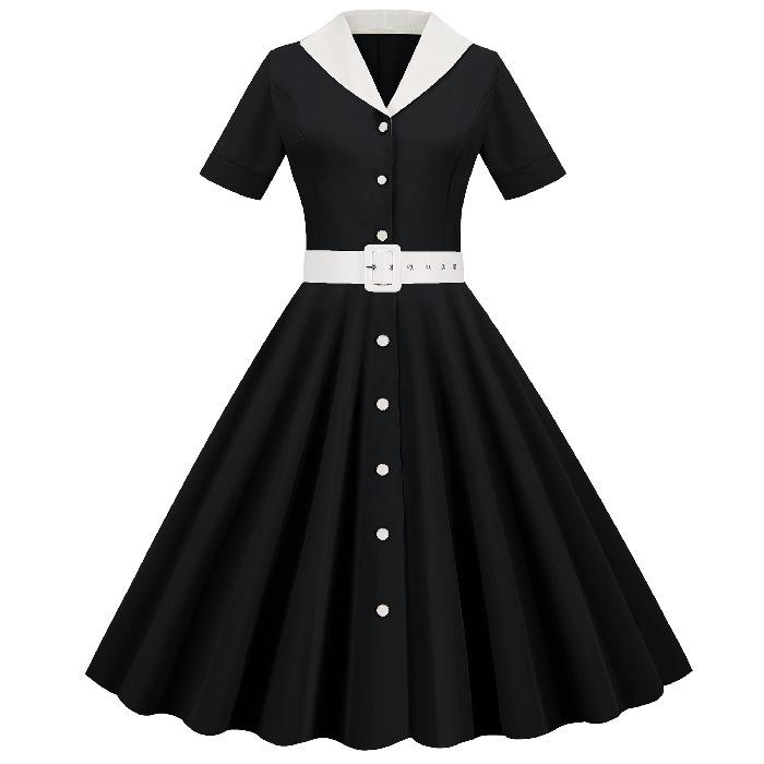 Retro Solid Color V-Neck Short-Sleeved 50s Swing Dress - New Hot Sale 2022