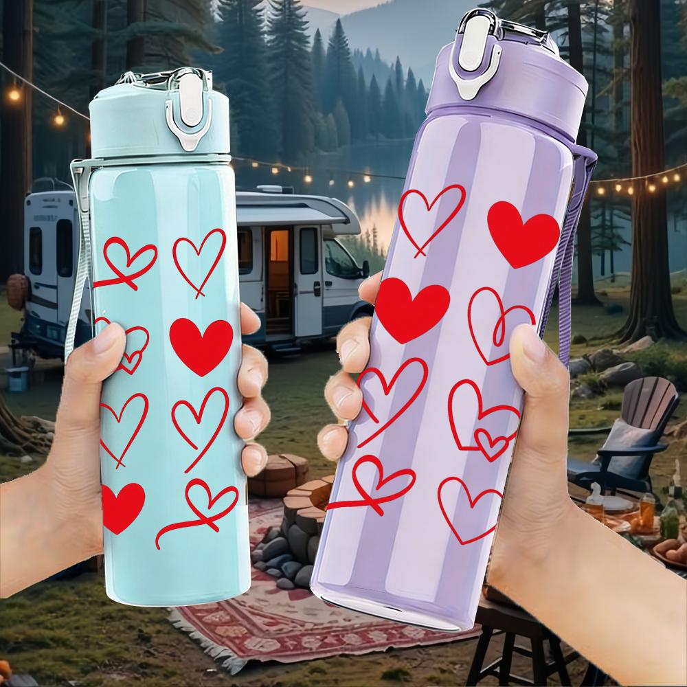 1PC Simple Red Hearts Collage Graphic,750ml Color Plastic Sports Water Bottle,Leakproof Flip Straw Lid,Suitable for Sports Office Home Use