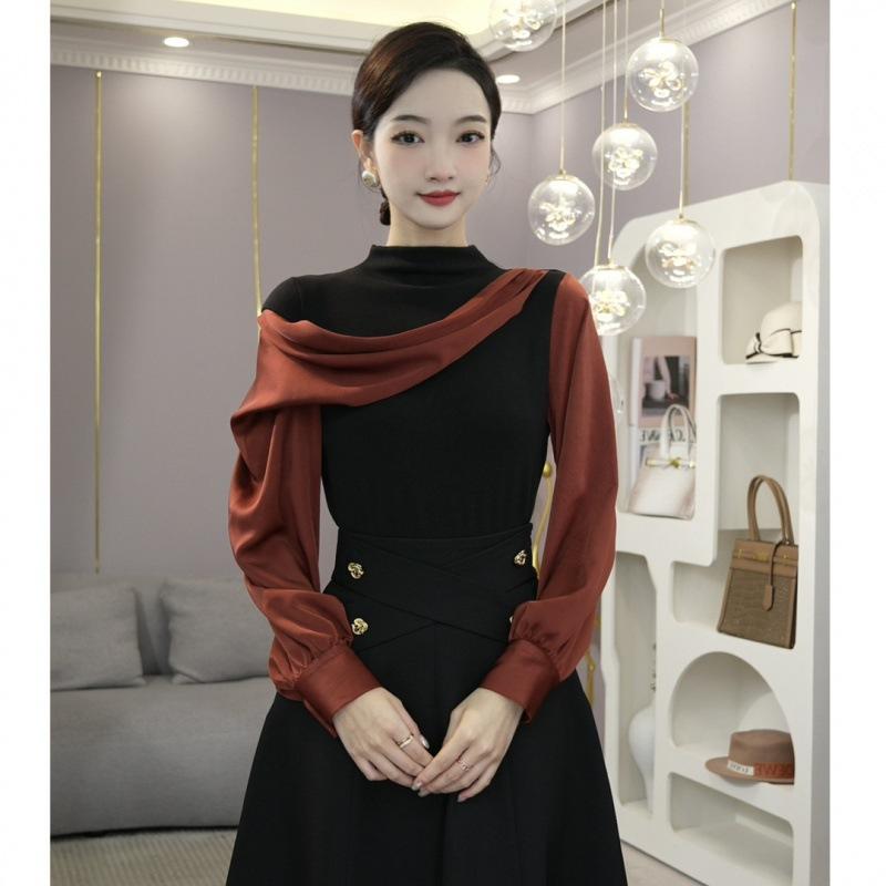 

Черная блузка женская элегантная водолазка топы корейский стиль ретро рубашка с длинным рукавом XS